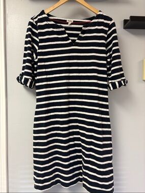 Midi 3/4 Sleeve Striped Nautical V Neck Dress Sz L Hatley